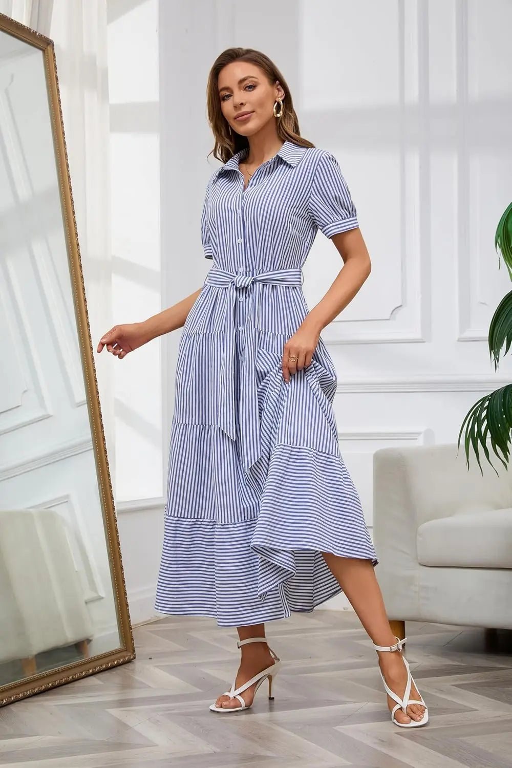 Lena | Damen Gestreiftes Maxi Hemdblusenkleid mit Gürtel und Rüschensaum