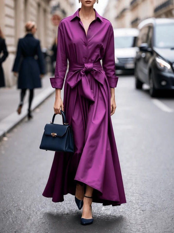 Elisabeth | Damen Hemdkleid Langarm Taillengürtel Maxikleid