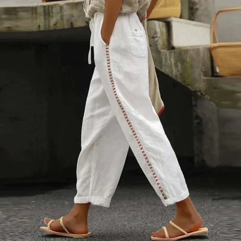 Katharina | Damen High-Waist Leinen-Look Hose mit Zierknopfstreifen