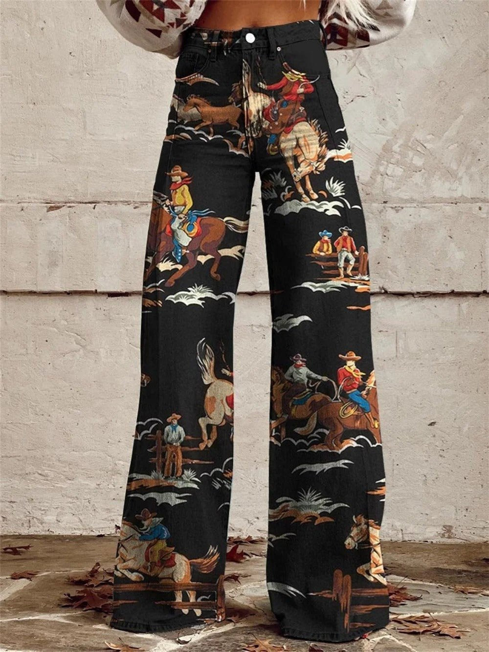 Marie | Damen Jeans Western Print High-Waist Wide-Leg Hose