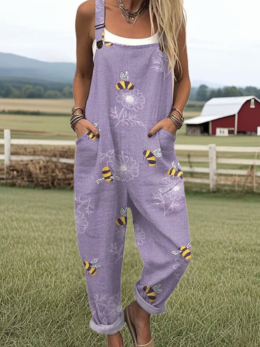 Emilia | Damen Jumpsuit Latzhosenoptik Bienen-Blumen-Print