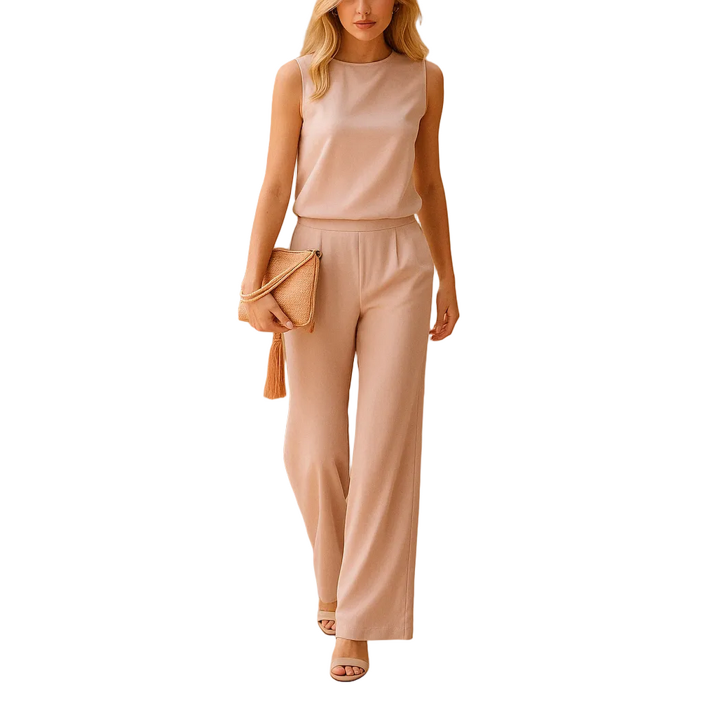 Damen Jumpsuit ohne Ärmel mit Rundhalsausschnitt und weitem Bein