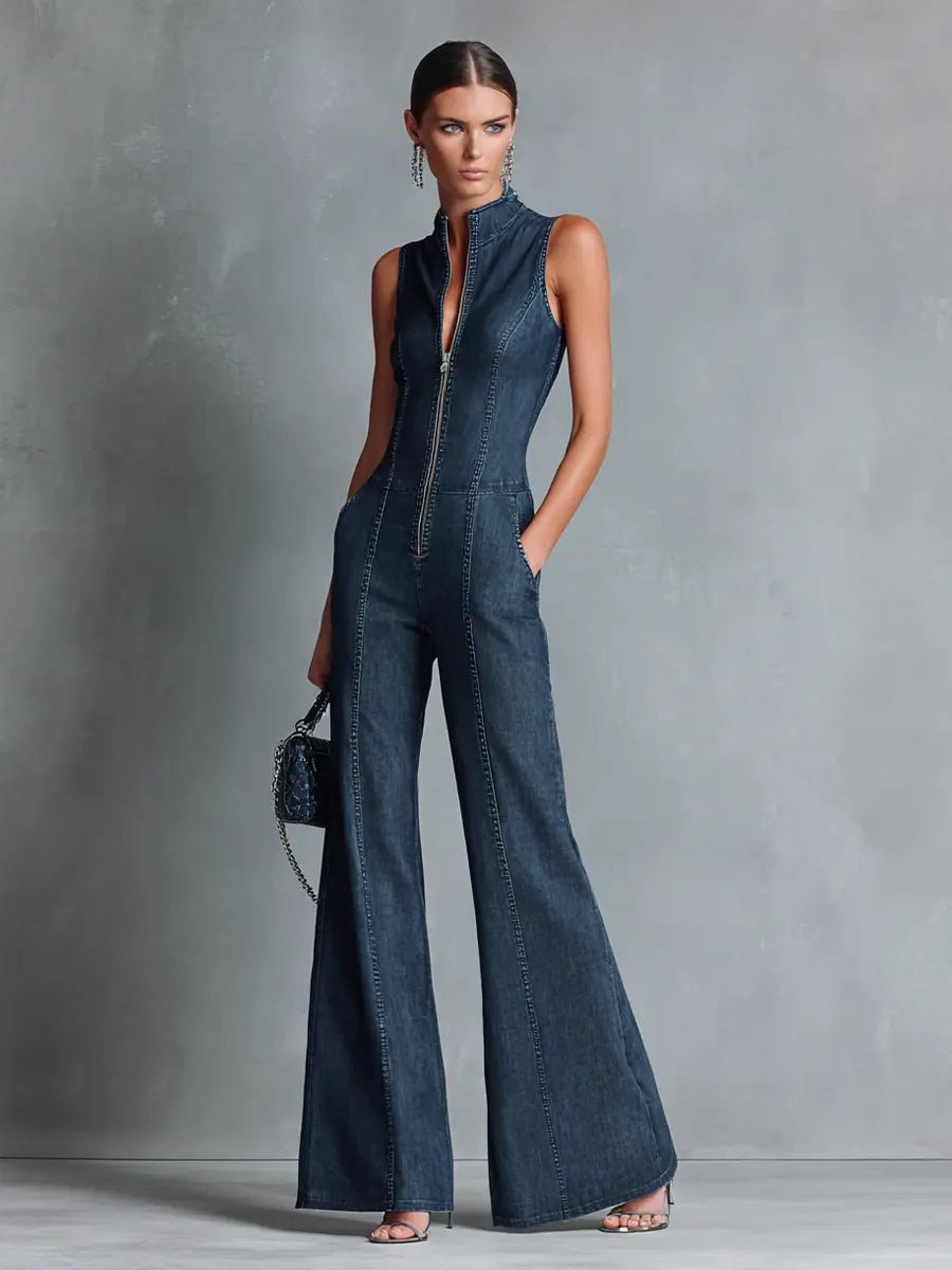 Clara | Damen Jumpsuit Schlaghose Reißverschluss