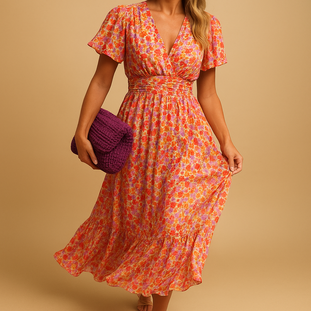 Damen Kleid mit kurzen Ärmeln, V-Ausschnitt und Blumenmuster mit Smokdetail