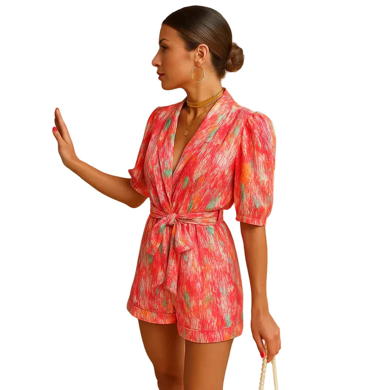 Damen Kurz-Jumpsuit mit Blumenmuster, V-Ausschnitt und Taillengürtel