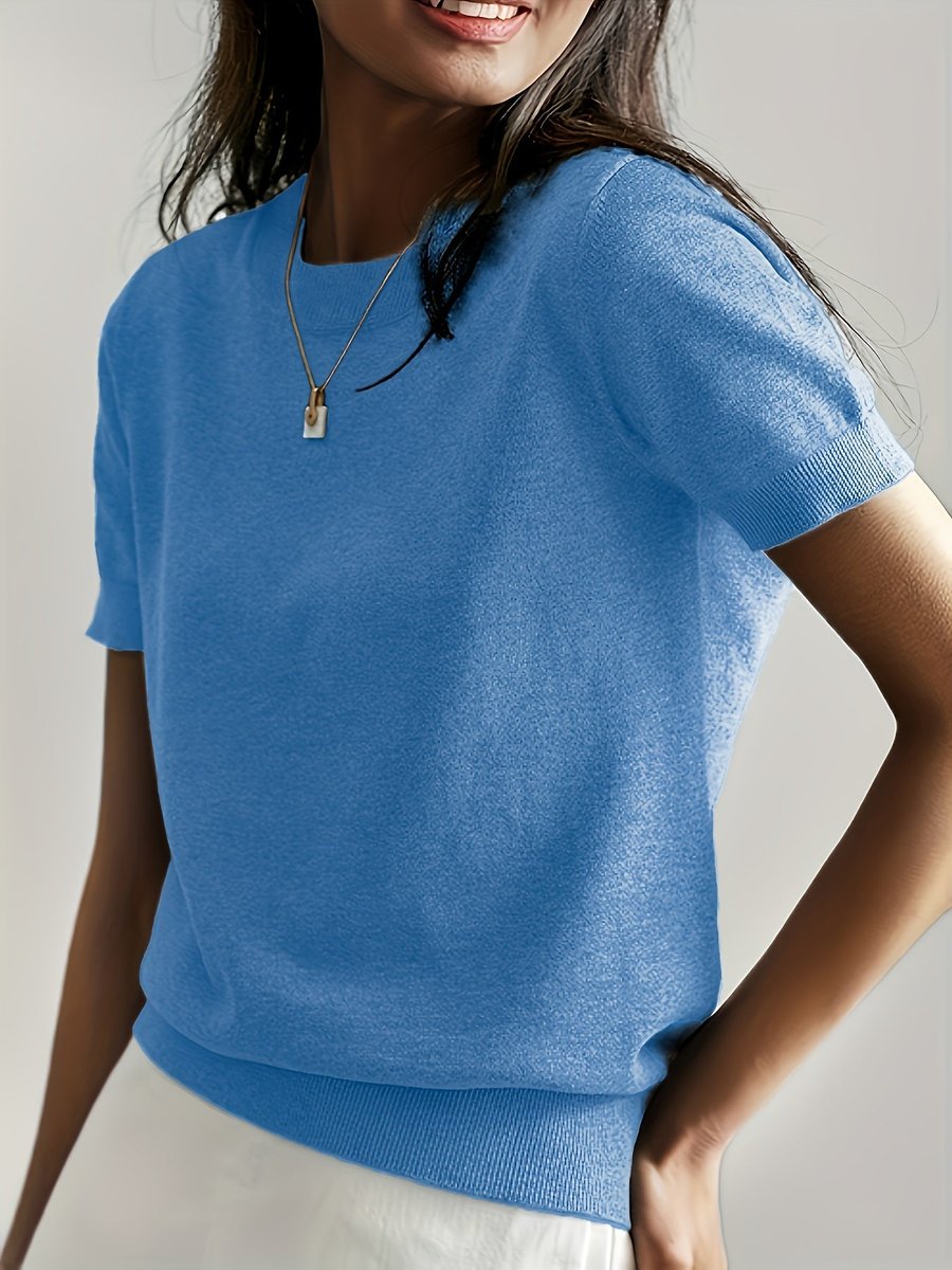 Elisabeth | Damen Kurzarm Knit Sweater Top Rundhals lockere Passform