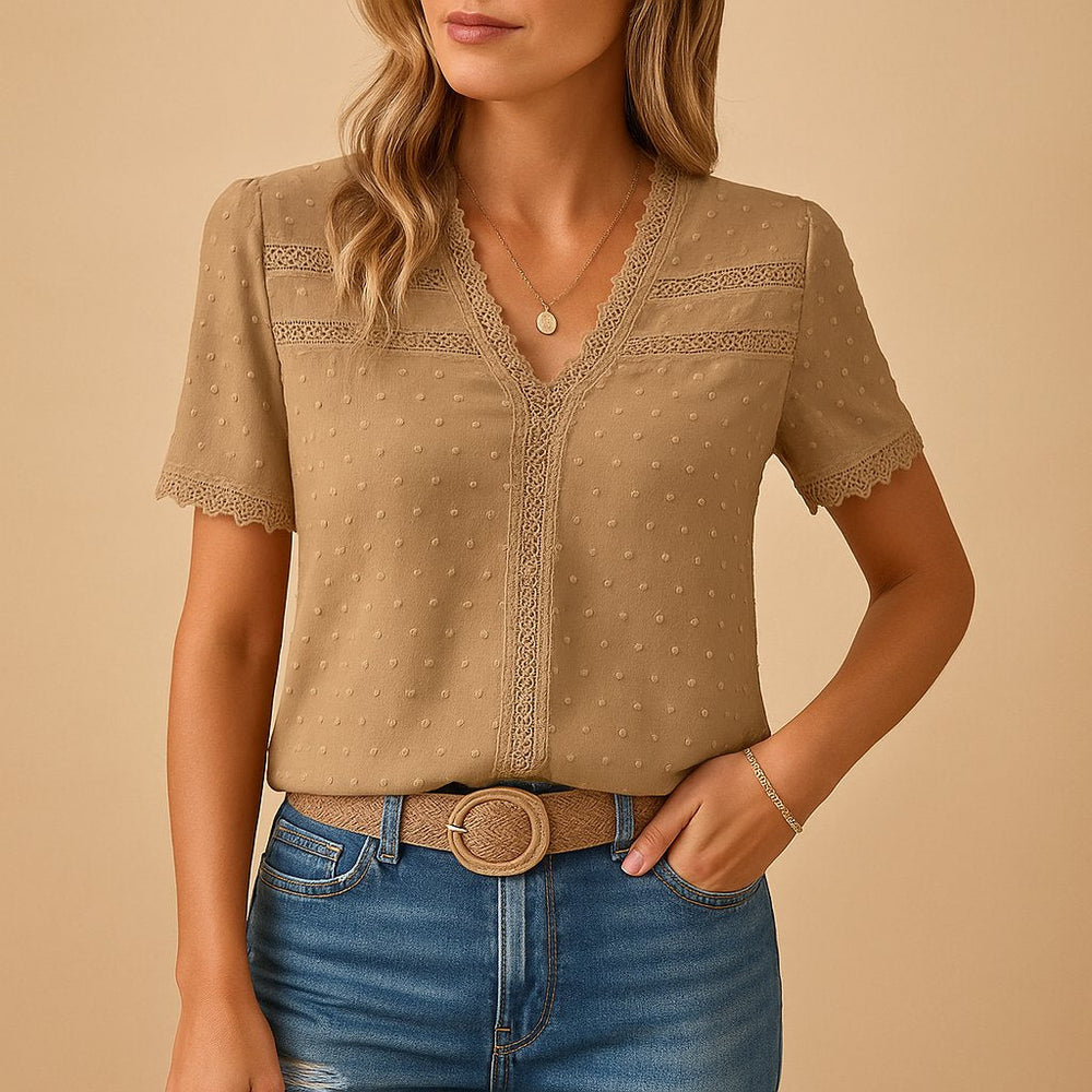 Sophie | Damen Kurzarm V-Ausschnitt Spitzenbesatz Bluse
