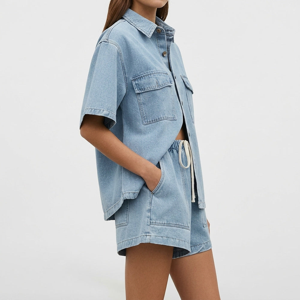 Damen Kurzarmhemd und Shorts Set mit Brusttaschen und Kordelzug
