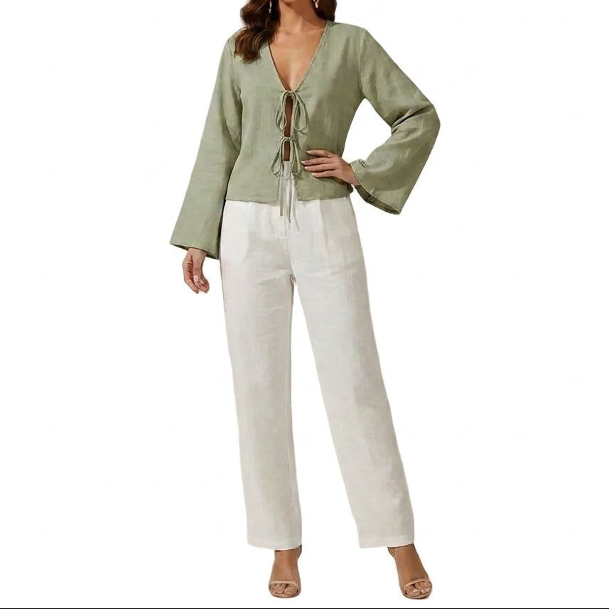 Damen-Kurzbluse mit V-Ausschnitt und Bindebändern