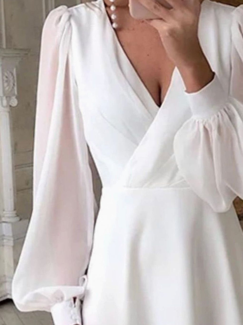 Sophie | Damen Langarm Fließendes Brautkleid V-Ausschnitt Midi Chiffon