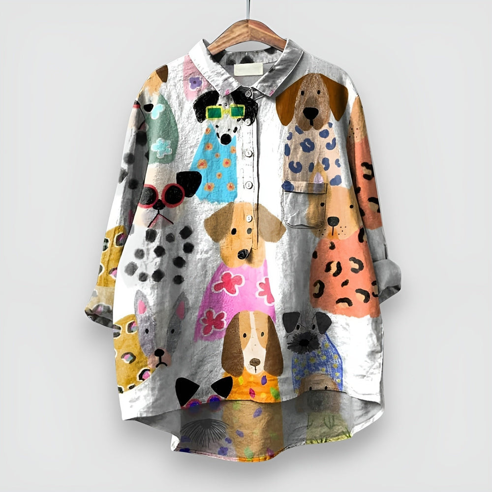 Marlene | Damen Langarm Hunde-Print Button-Down Hemdbluse