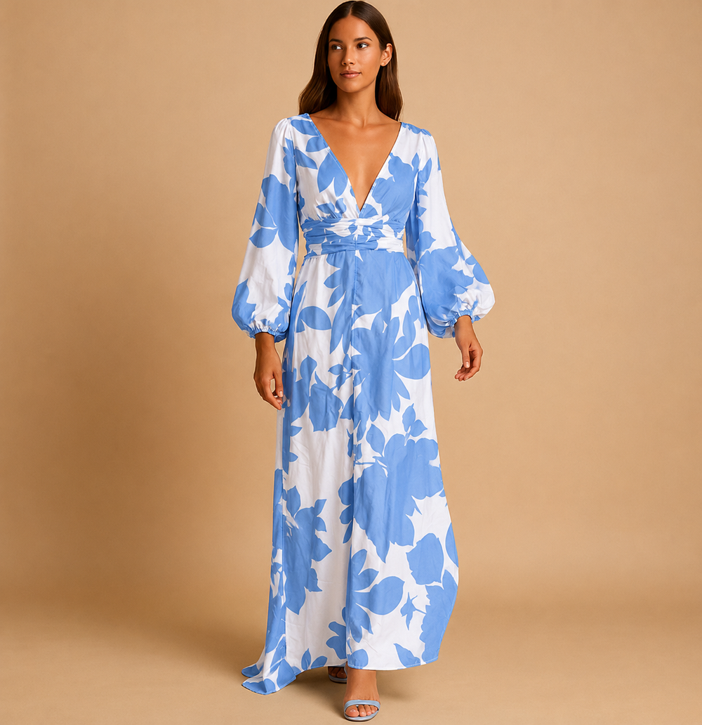 Damen Langarm Maxikleid mit V-Ausschnitt und geraffter Taille
