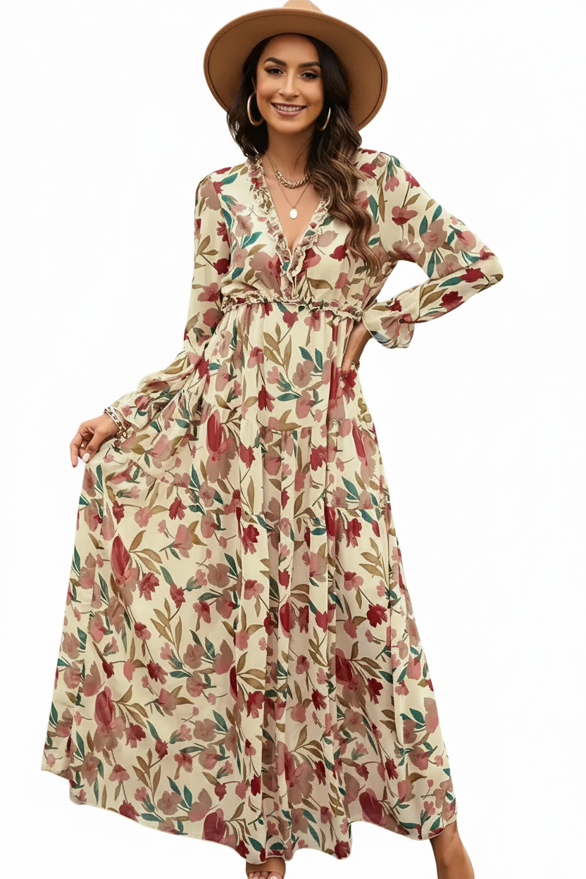 Damen Langarm Maxikleid mit V-Ausschnitt und gestuftem Rock mit Blumenmuster
