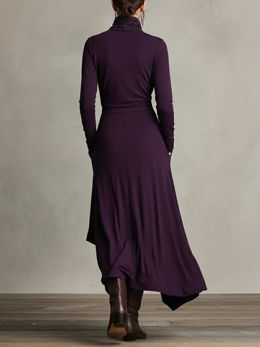 Nora | Damen Langarm Maxikleid Rollkragen Asymmetrisch Fließend
