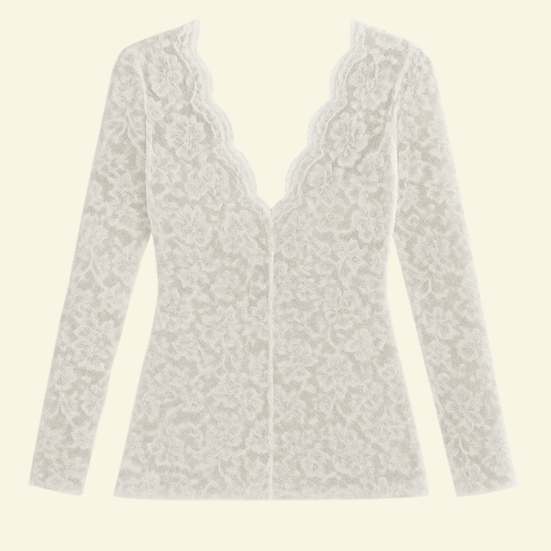 Damen Langarm Spitzenbluse mit V-Ausschnitt und gewellter Kante