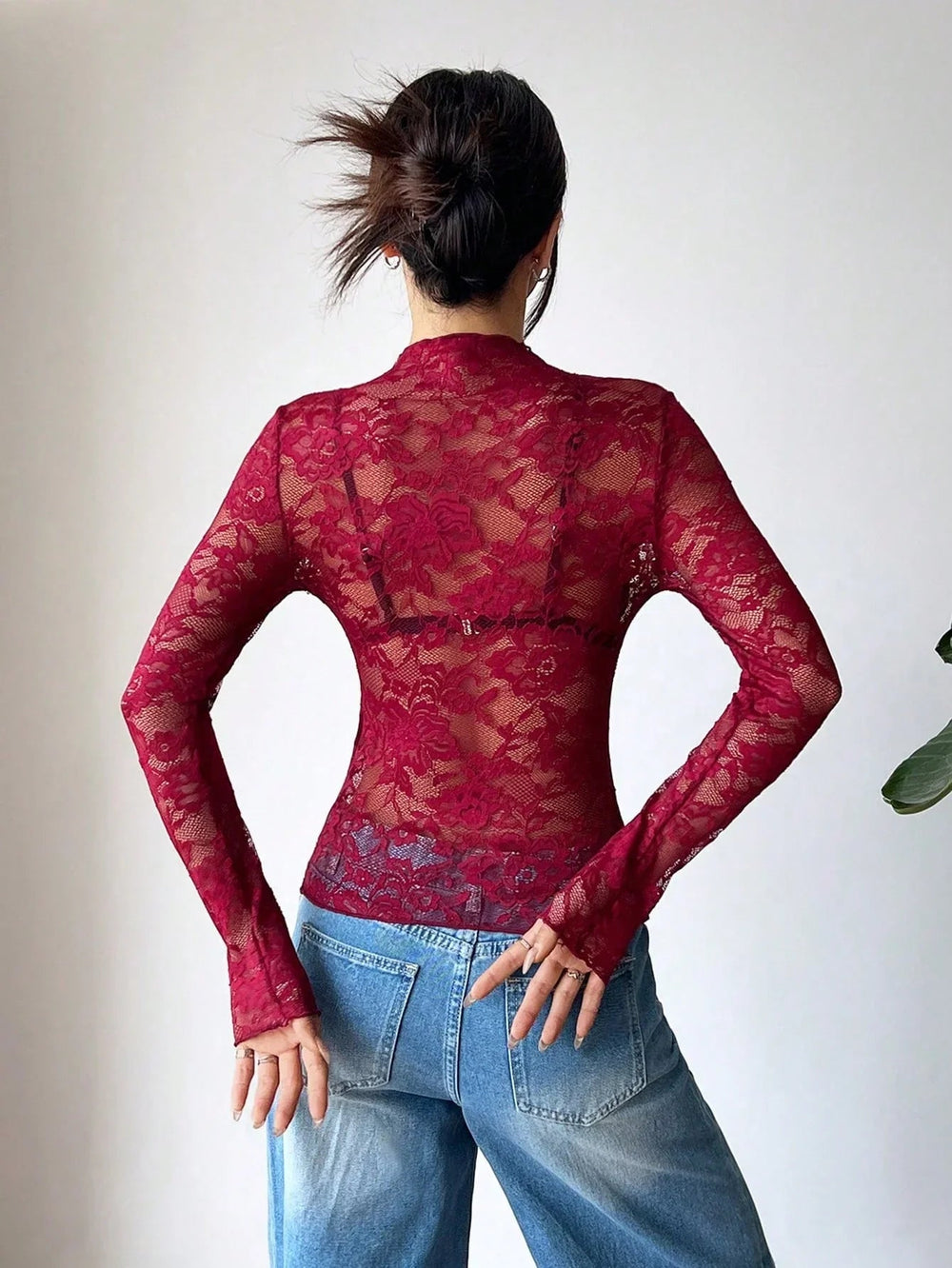 Damen Langarmshirt aus Spitze mit Stehkragen