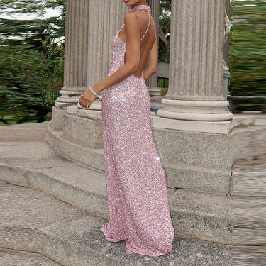 Damen langes Neckholderkleid mit Paillettenoberfläche