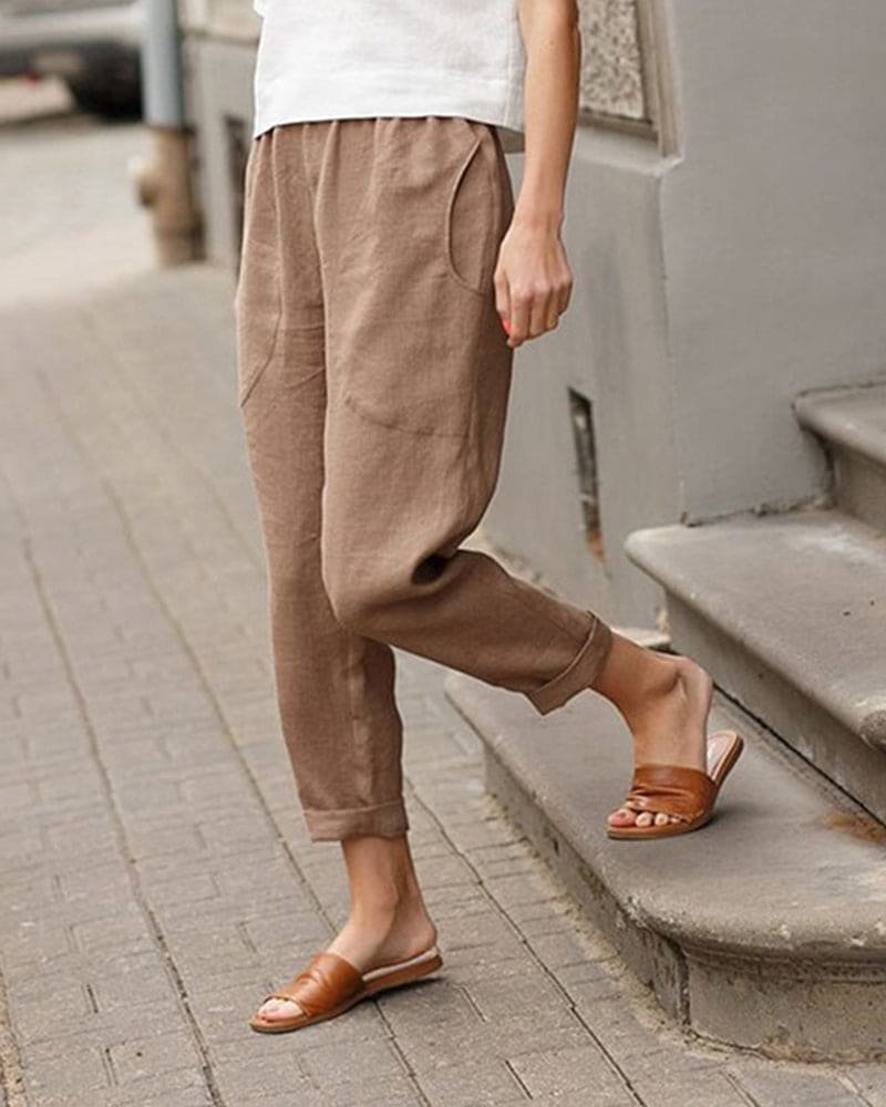 Lena | Damen Leinen-Baumwoll Harem-Hose mit Elastikbund