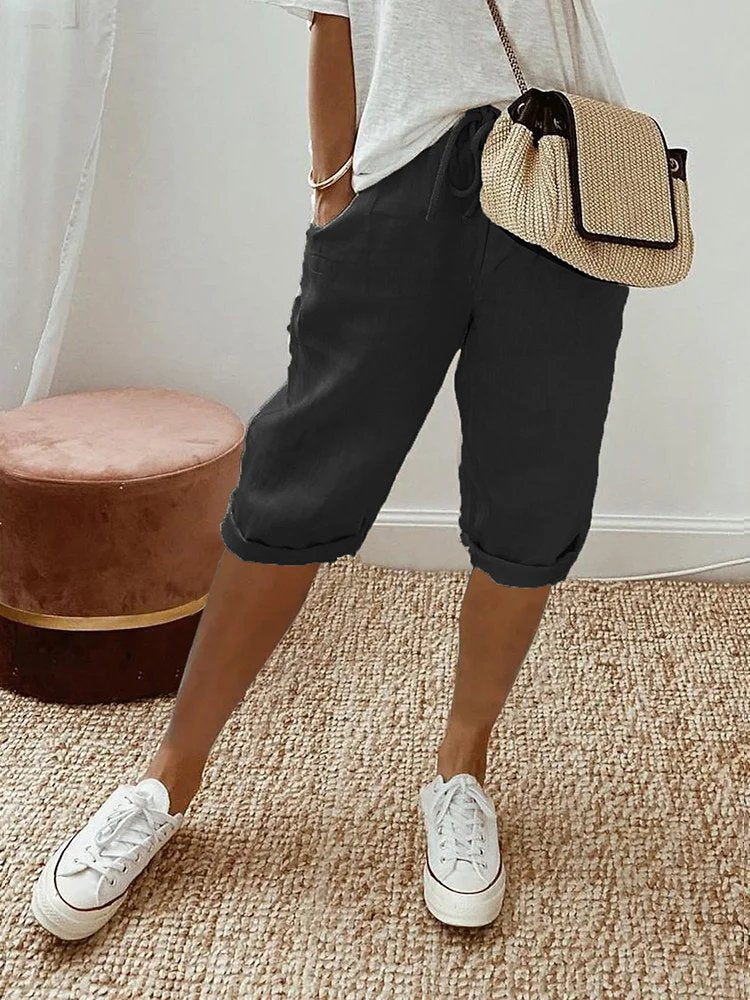 Marlene | Damen Leinen Bermuda Shorts mit Kordelzug gekürzt