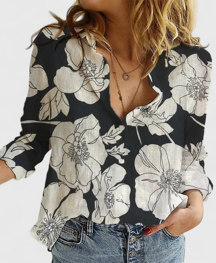 Frieda | Damen Leinen Bluse Knopfleiste Lapel Kragen Entspannt