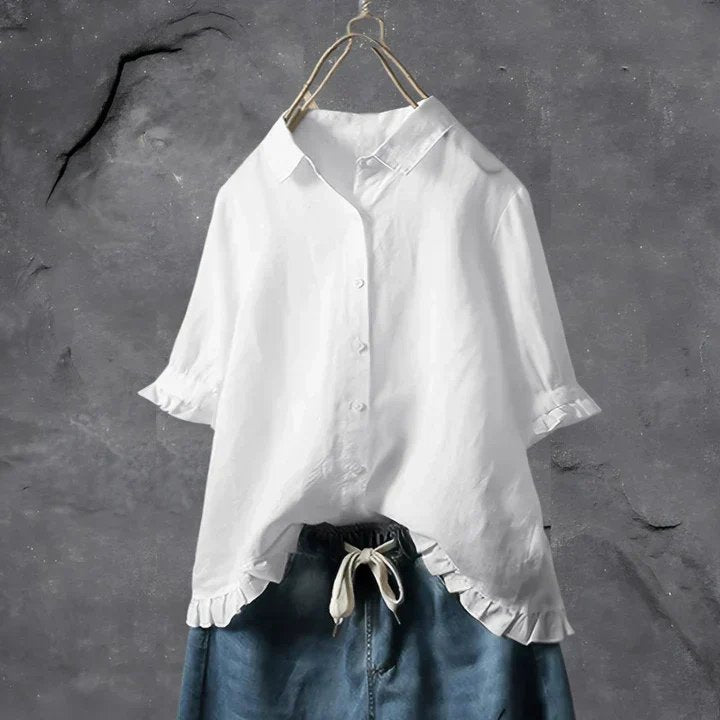 Charlotte | Damen Leinen Bluse Rüschen Ärmel Button-Down Locker