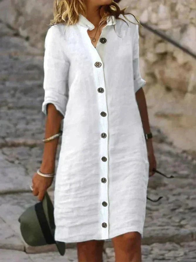 Amelie | Damen Leinen Hemdkleid Knopfleiste Kragen Freizeitkleid