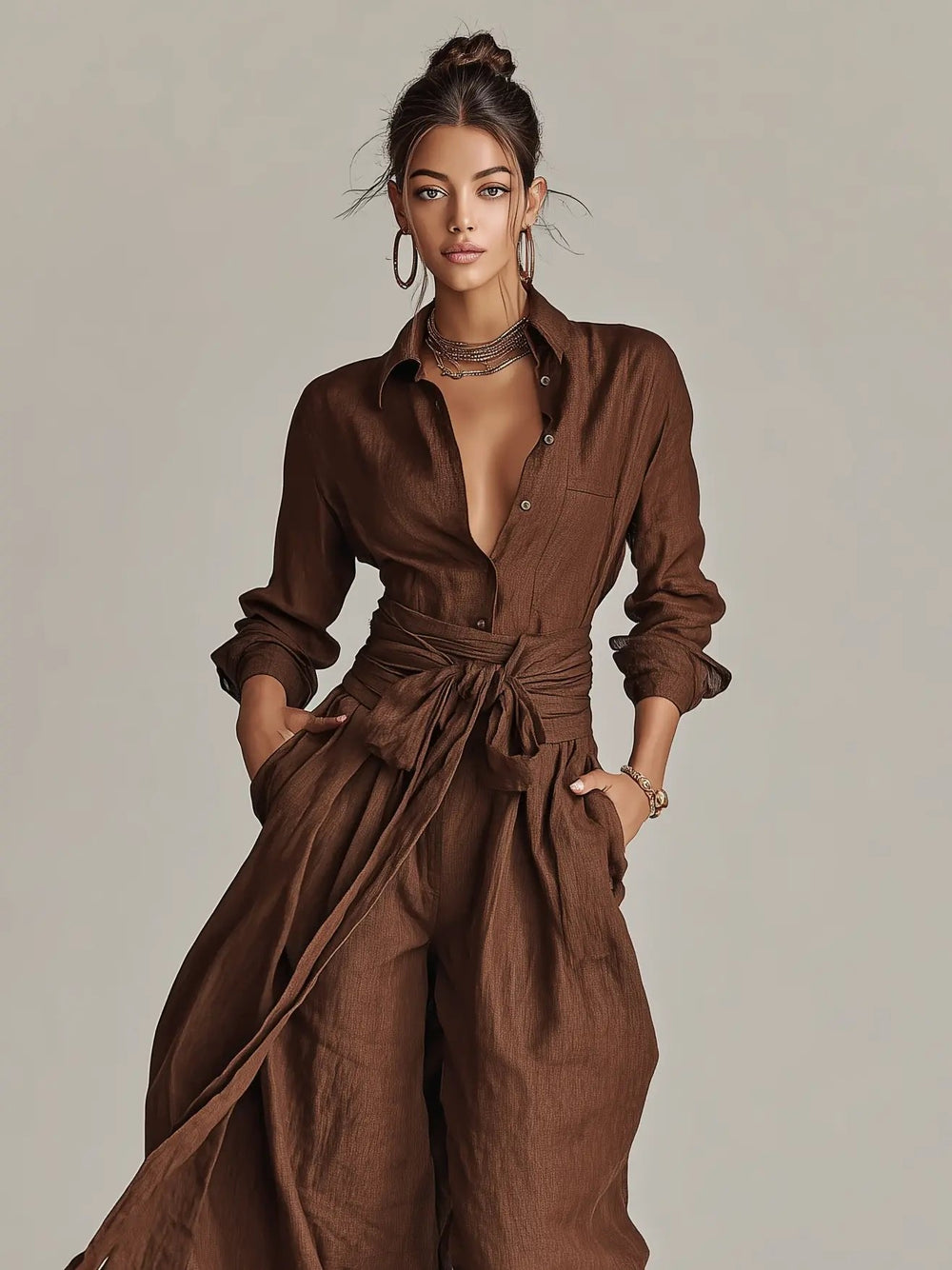Lena | Damen Leinen Hemdkragen Langarm Jumpsuit mit Gürtel