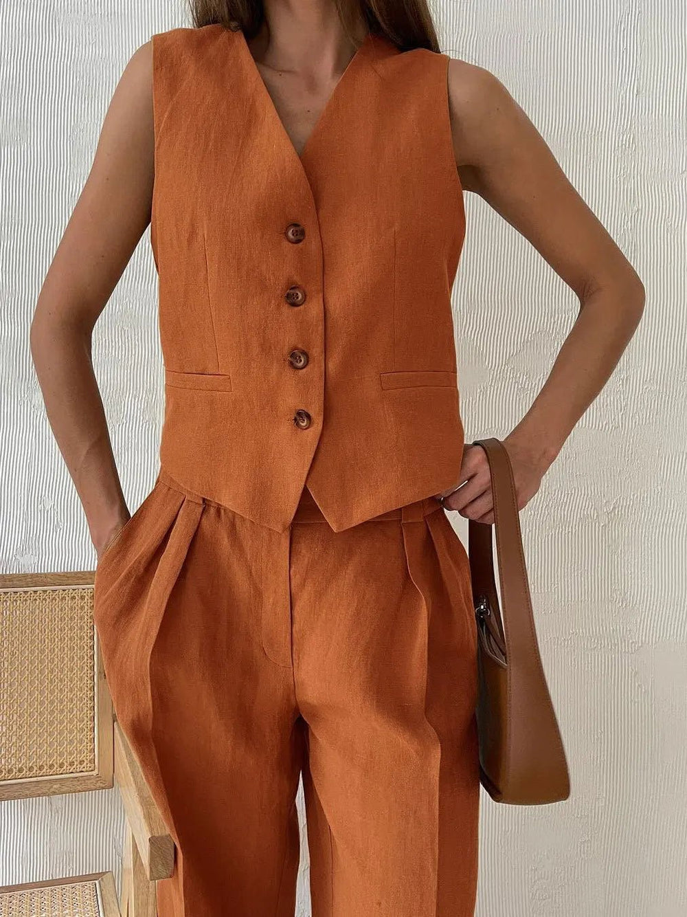 Luisa | Damen Leinen Hosenanzug Weste mit Plissee-Hose