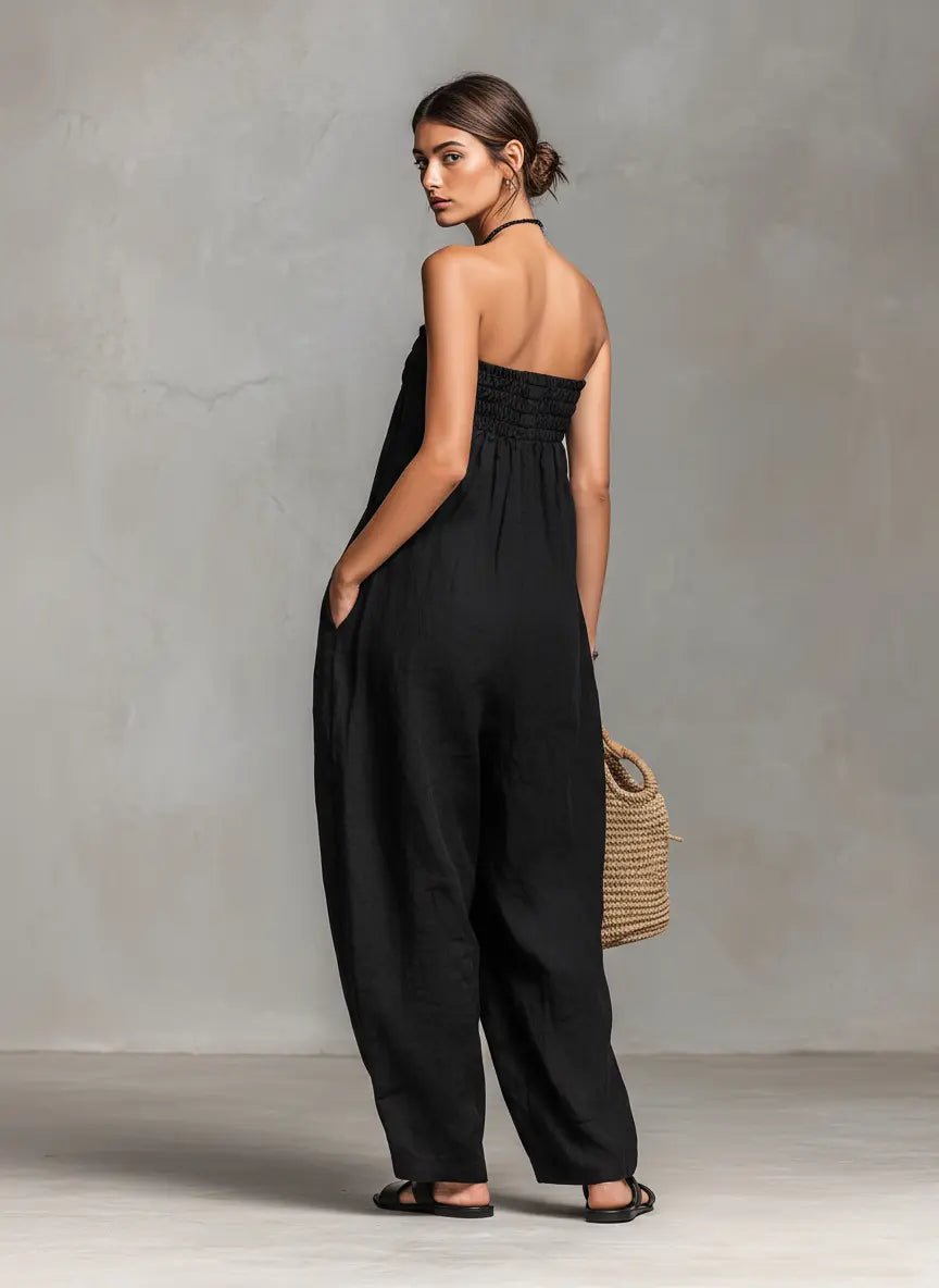 Emilia | Damen Leinen Jumpsuit Trägerlos Weites Bein