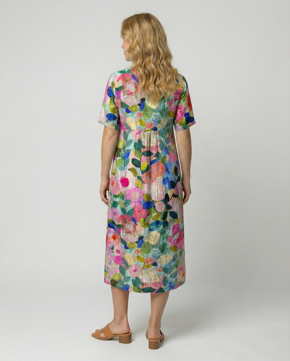 Greta | Damen Leinen Midi-Kleid V-Ausschnitt Blumenmuster Kurzarm