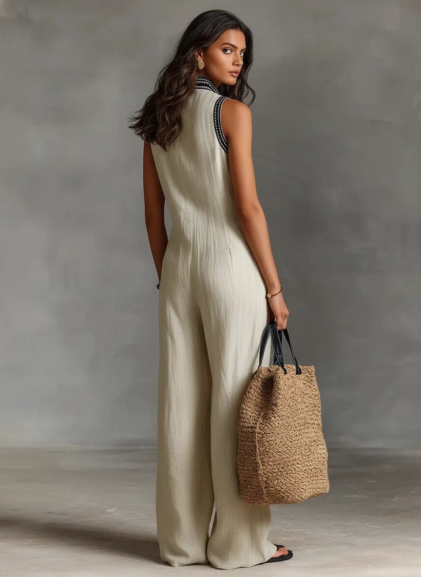 Sophie | Damen Leinen Ärmellos Stickerei Jumpsuit