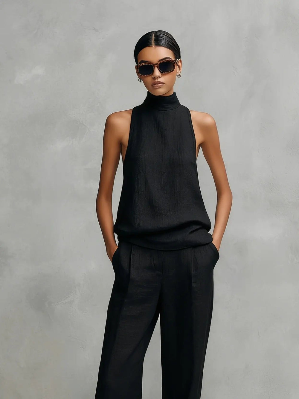 Clara | Damen Leinen Ärmellos Top Hose Zweiteiler Set