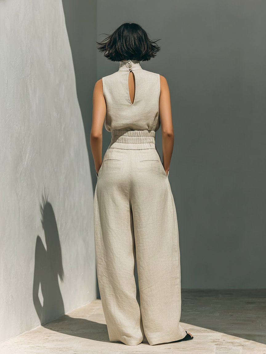 Mia | Damen Leinen Rollkragen Top mit weiter Hose Set