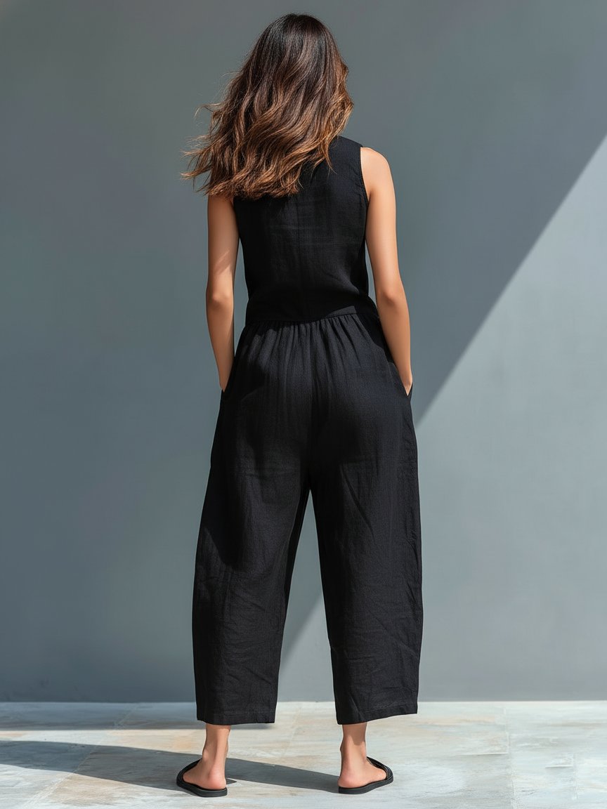 Elfriede | Damen Linen Jumpsuit ärmellos Stehkragen Knopfleiste