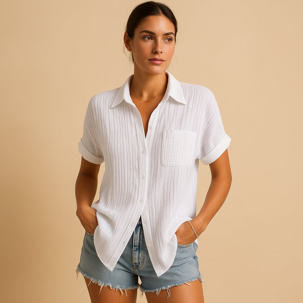 Charlotte | Damen Linen-Look Kurzarm Hemdbluse mit Brusttasche
