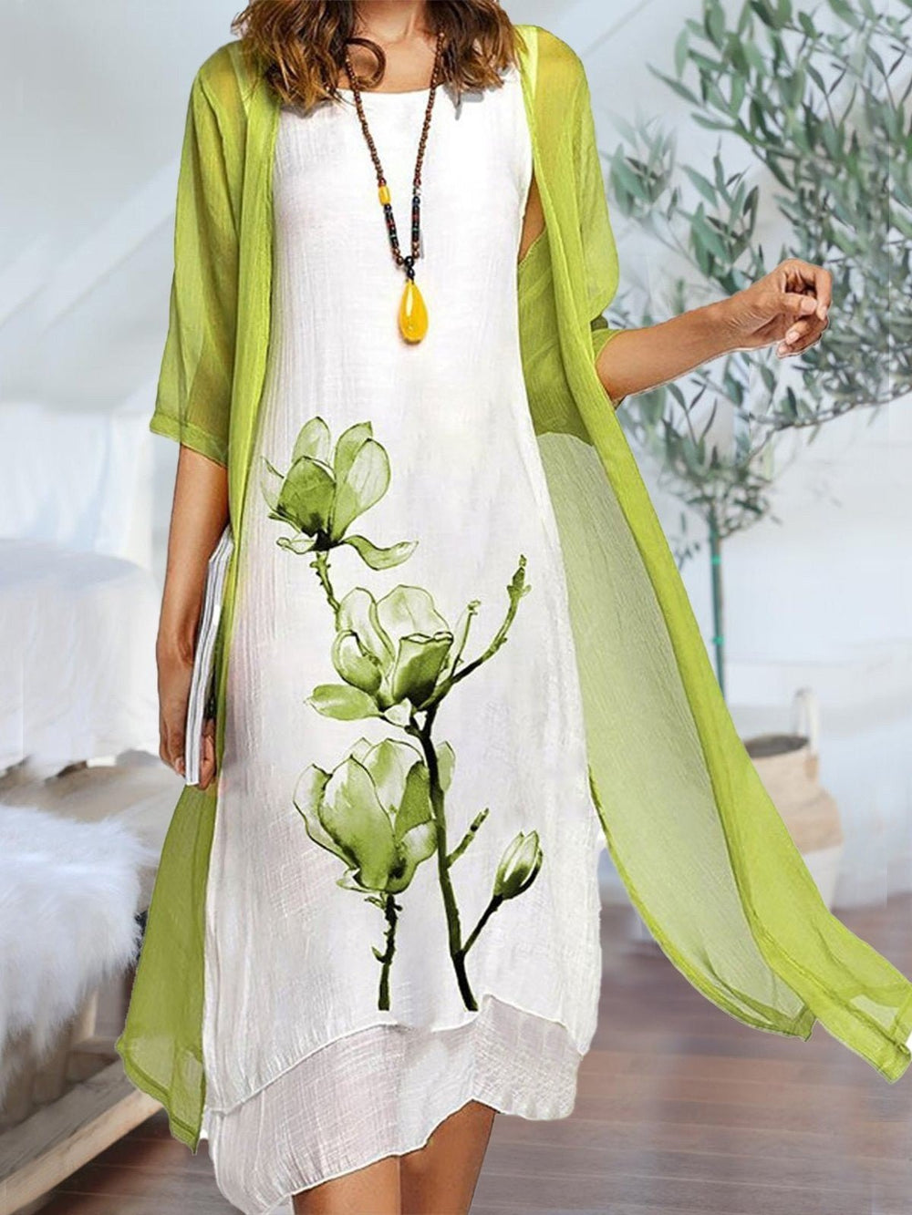 Nora | Damen Linen Midi Kleid mit Chiffon Cardigan Set