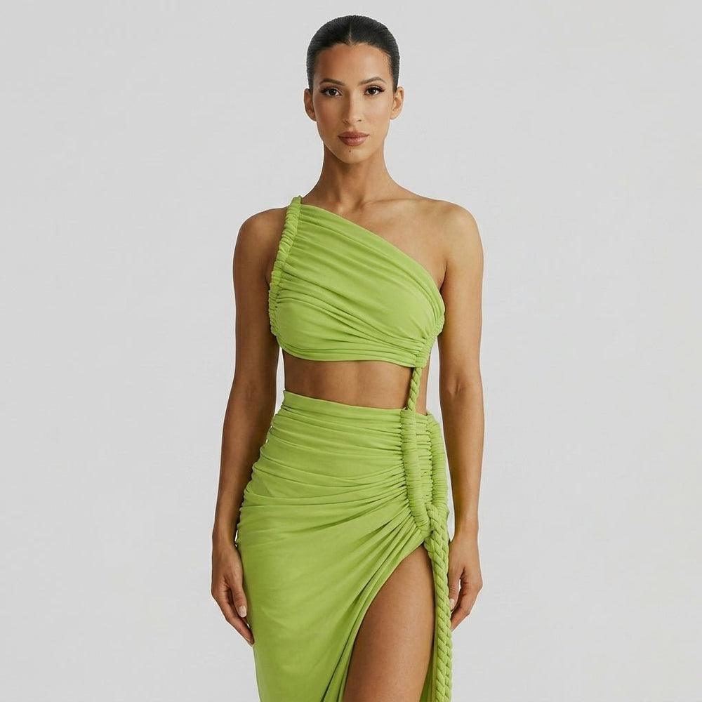 Damen-Maxikleid mit asymmetrischer Ein-Schulter-Form und Raffungen