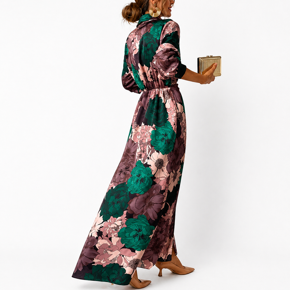 Damen Maxikleid mit Blumenmuster, Kragen und Bindegürtel