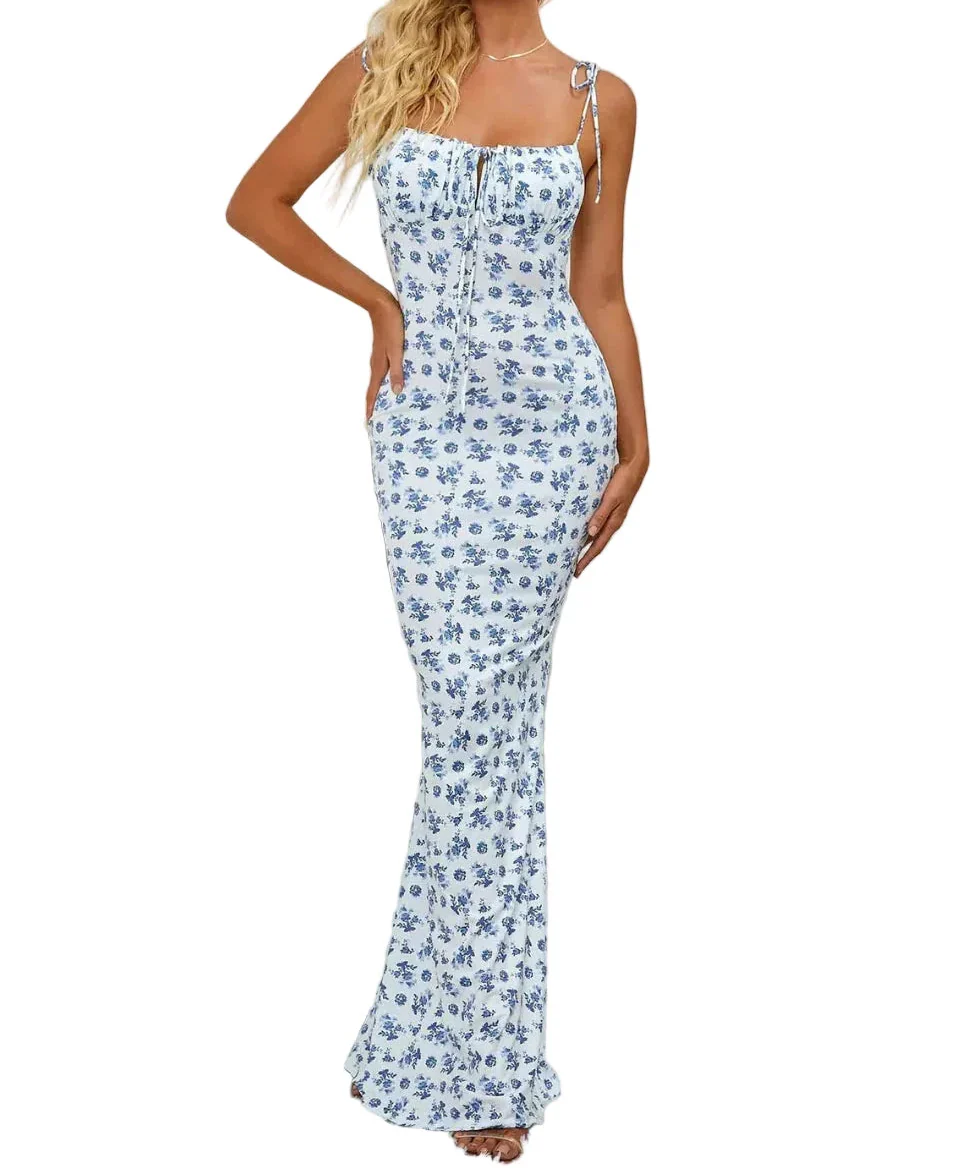 Damen Maxikleid mit Blumenmuster und Bindeträgern