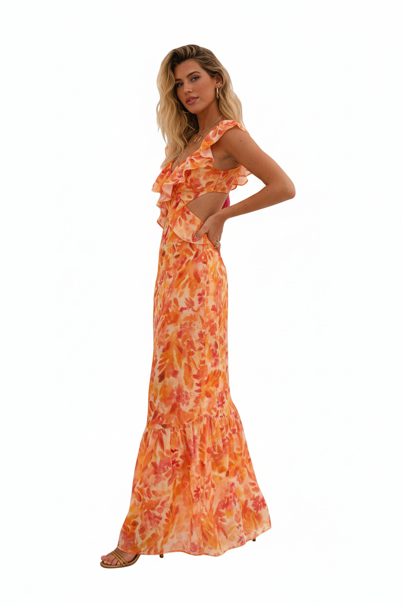 Damen Maxikleid mit Blumenmuster und Rüschendetails