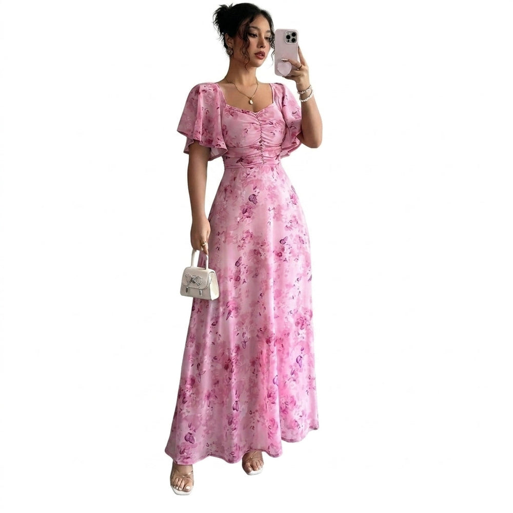 Damen-Maxikleid mit Flatterärmeln, Herzausschnitt und Blumenmuster