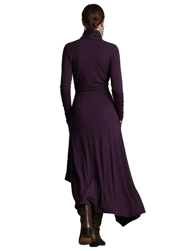 Damen Maxikleid mit hohem Kragen, asymmetrischem Saum und langen Ärmeln