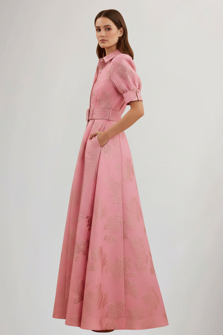 Damen Maxikleid mit Knopfleiste, kurzen Ärmeln und Taillengürtel