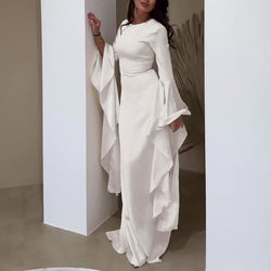 Damen Maxikleid mit Langen Ärmeln, Glockenbündchen und Drapierten Rockbahnen