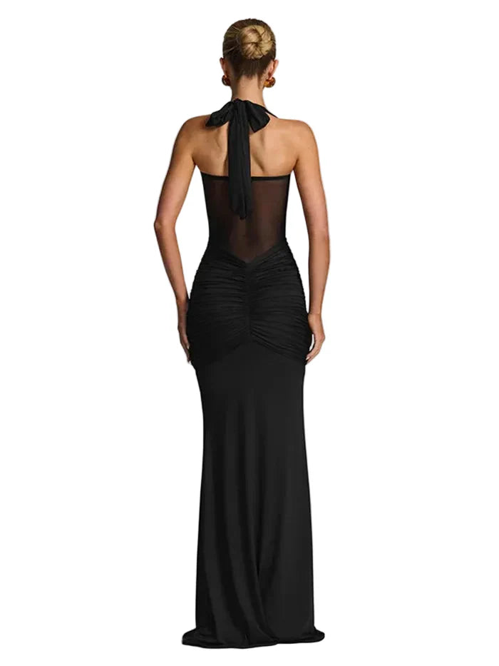 Damen Maxikleid mit Neckholder-Ausschnitt, Transparentem Einsatz und Drapiertem Rock
