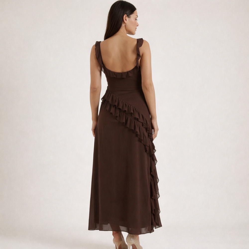 Damen Maxikleid mit Riemen und Rüschenbesatz