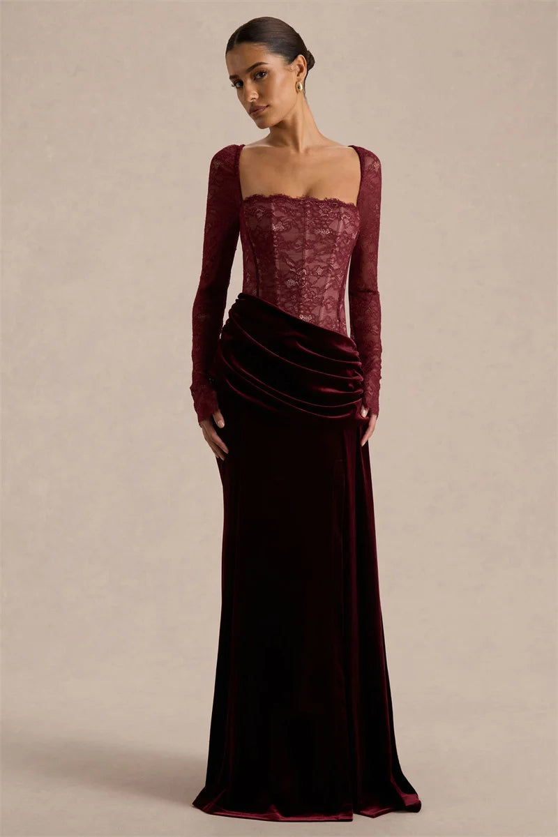 Damen Maxikleid mit Spitzenoberteil und Schlitzrock