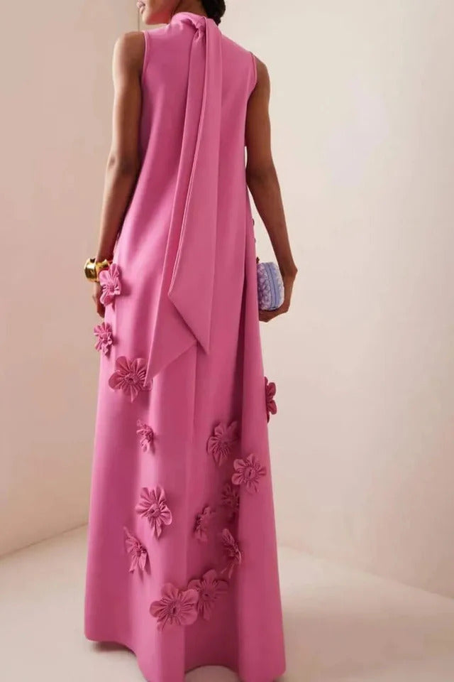 Damen Maxikleid mit Stehkragen und Blumenapplikationen