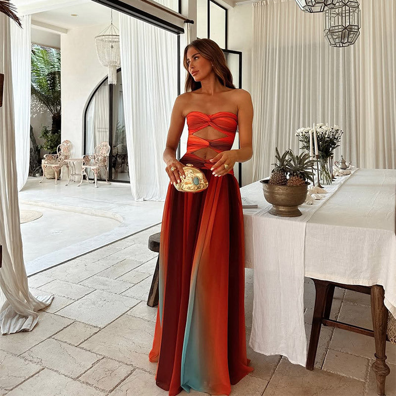 Damen Maxikleid mit trägerlosem Oberteil und Farbverlauf
