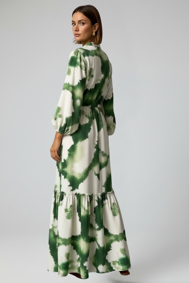 Damen Maxikleid mit V-Ausschnitt, langen Ärmeln und Taillenbindung